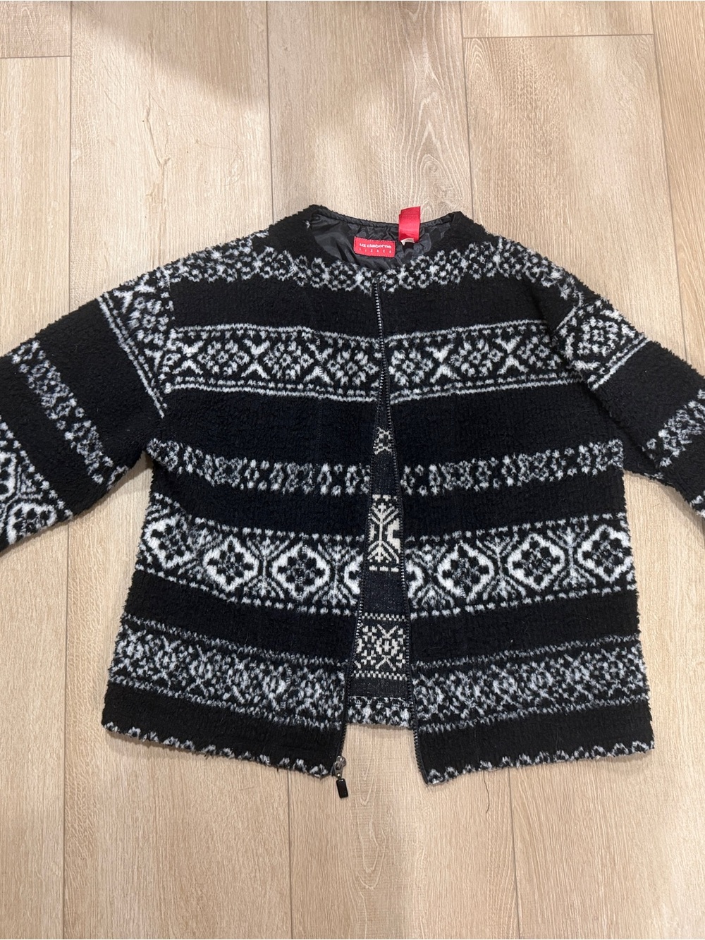 Liz Claiborne Black & White Patterned Zip-Front Fleece Jacket
